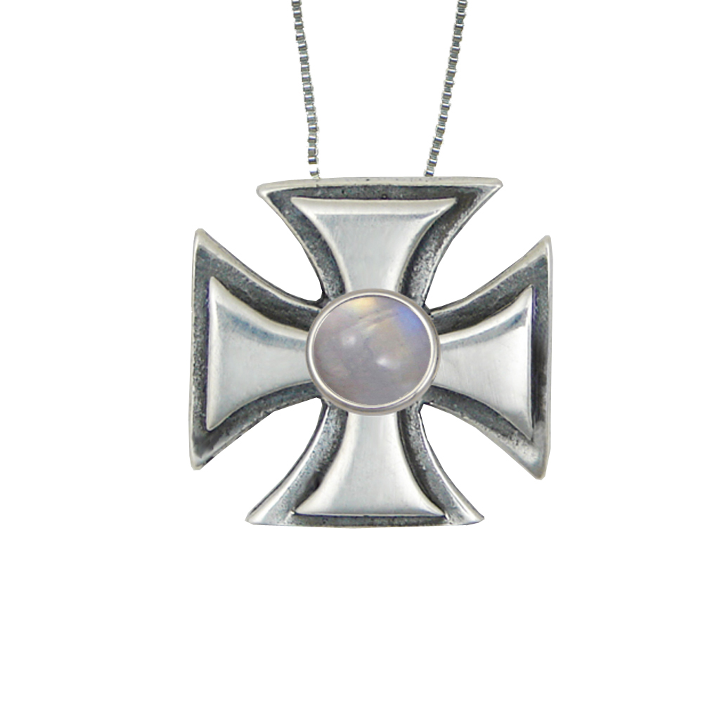 Sterling Silver Iron Cross Pendant With Rainbow Moonstone